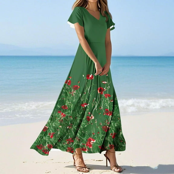 Taylonsss Womens Summer Dress Floral Print V Neck Ruffled Sleeve Flowy A-Line Fitted Waist Beach Style Casual Boho Dress