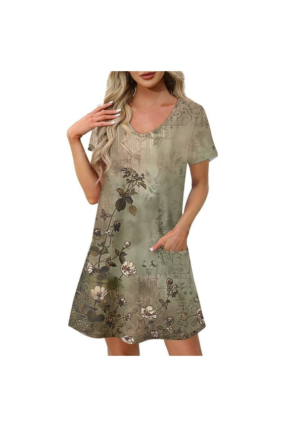 Womens Summer Dress Gradient Short Sleeve V Neck Flowy Casual Shift Dress Beach Casual Outfit Vacation Relaxed Fit Everyday Wear