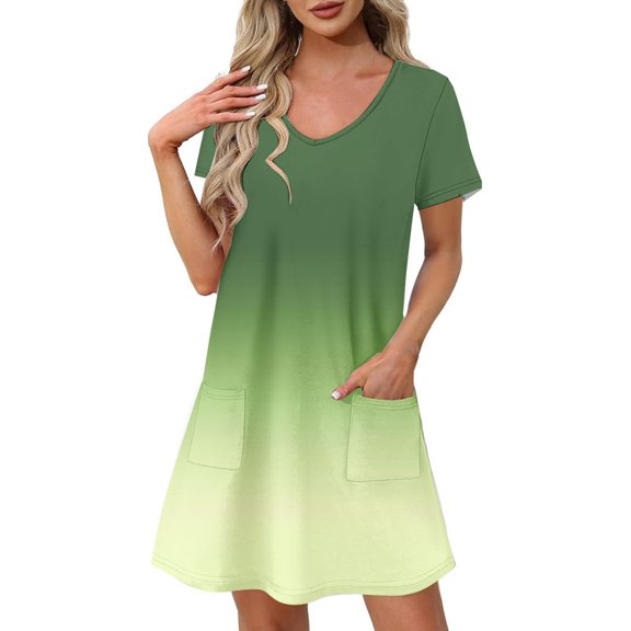 Taylonsss Womens Summer Dress Gradient Short Sleeve V Neck Flowy Casual Shift Dress Beach Casual Outfit Vacation Relaxed Fit Everyday Wear