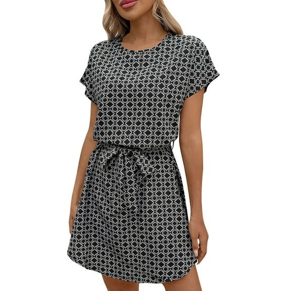 Taylonsss Womens Summer Dress Print Round Neck Short Sleeve Elastic Waist Casual Flowy Everyday Outfit