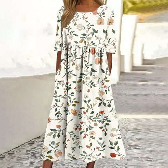 Taylonsss Womens Summer Dress Print Round Neck Short Sleeve Pocket Ruffle Flowy Maxi Dresses Casual Everyday Outfit