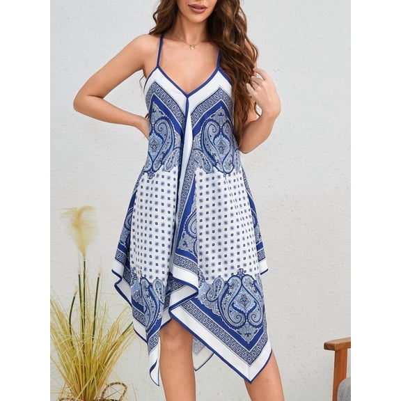 Taylonsss Womens Summer Dress Print Strappy V Neck Asymmetrical Resort Vacation Style Dress