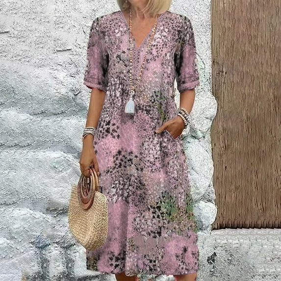 Taylonsss Womens Summer Dress Relaxed Fit V Neck Short Sleeve Floral Print Casual Beachwear Maxi Dress