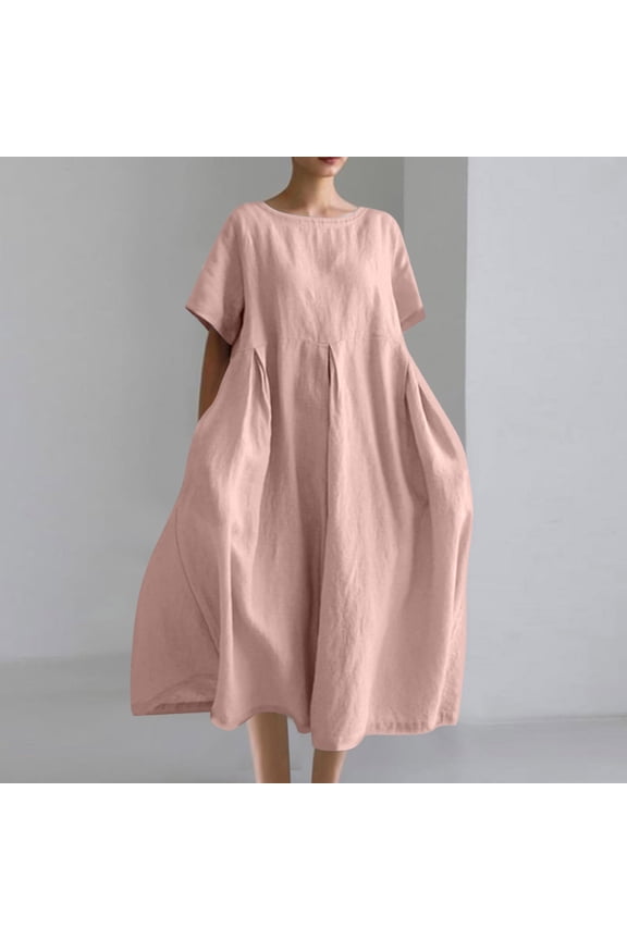 Womens Summer Dress Round Neck Short Sleeve Solid Color Loose Fit Boho Natural Casual Forest Theme Dress