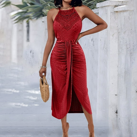 Taylonsss Womens Summer Dress Round Neck Sleeveless Solid Color Casual Slit Casual Everyday Wear