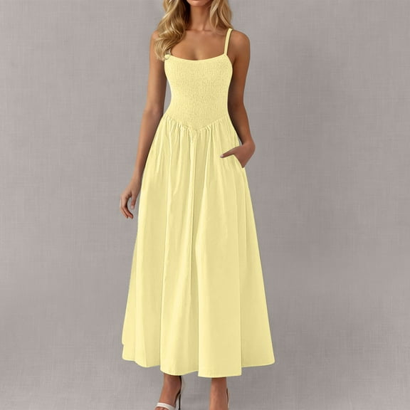 Taylonsss Womens Summer Dress Solid Color Thin Straps Pleated Tank Top Pocket Sundress Casual Everyday Outfit