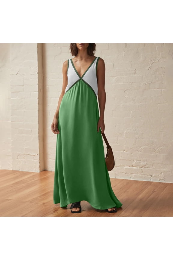 Womens Summer Dress Solid Color V Neck Sleeveless Color Block Midi Dress Casual Chic Outfit