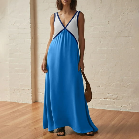 Taylonsss Womens Summer Dress Solid Color V Neck Sleeveless Color Block Midi Dress Casual Chic Outfit
