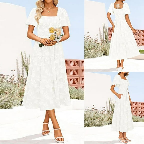 Taylonsss Womens Summer Dress Square Neck Bubble Sleeve Boho Floral Midi Dress Beach Vacation Outfit