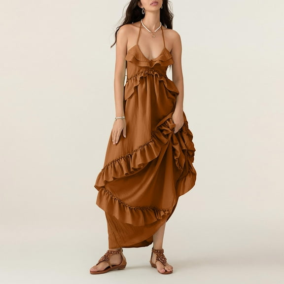 Taylonsss Womens Summer Dress Strappy Halter Tie Backless Solid Color Beach Casual Outfit