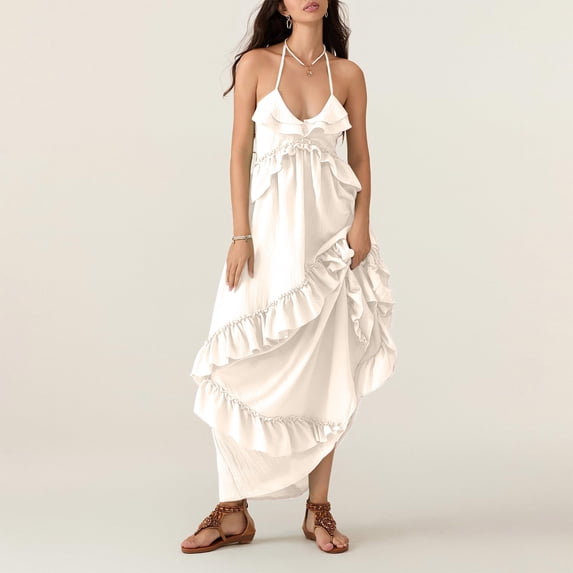 Taylonsss Womens Summer Dress Strappy Halter Tie Backless Solid Color Beach Casual Outfit