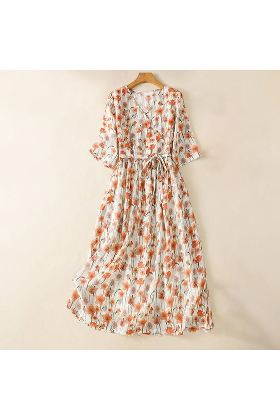 Womens Summer Dress V Neck Bohemian Floral Print Tie Waist Boho Chic