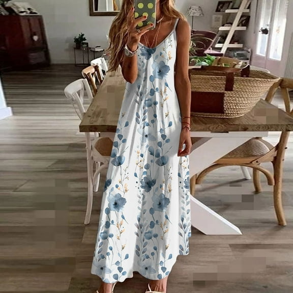 Taylonsss Womens Summer Dress V Neck Sleeveless Spaghetti Strap Floral Print Casual Beach Vacation Outfit