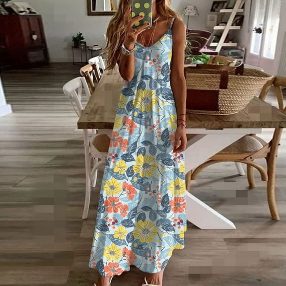 Taylonsss Womens Summer Dress V Neck Sleeveless Spaghetti Strap Floral Print Casual Beach Vacation Outfit