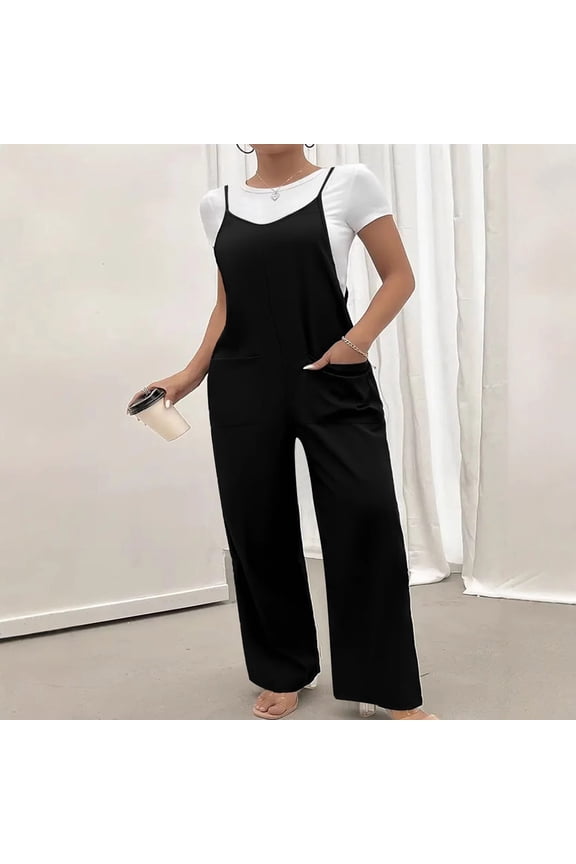 Womens Summer Jumpsuit Pants Casual Solid Color Pocket Suspender High Waisted Elastic Cuffs Stretch Comfortable Lightweight Yoga Athletic Wear