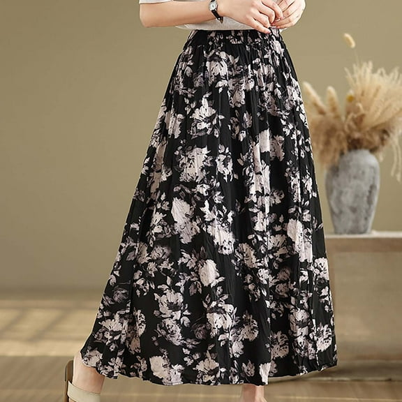 Taylonsss Womens Summer Pleated Skirt Elastic Waist Retro Linen Floral Print Flowy Midi Boho Casual Beach Outfit