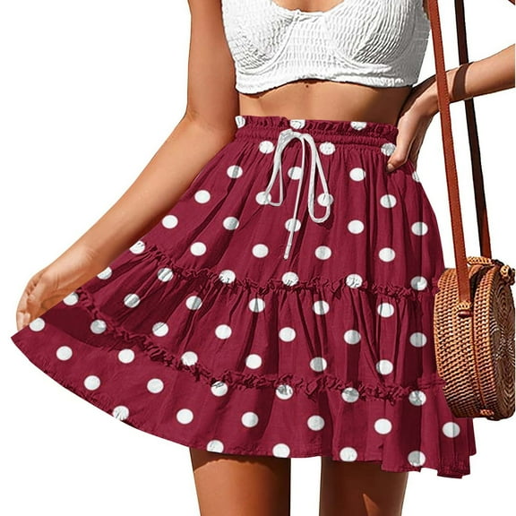 Taylonsss Womens Summer Skirt Polka Dot Print Drawstring Tie Adjustable Lace Detail Casual Beach Vacation Outfit