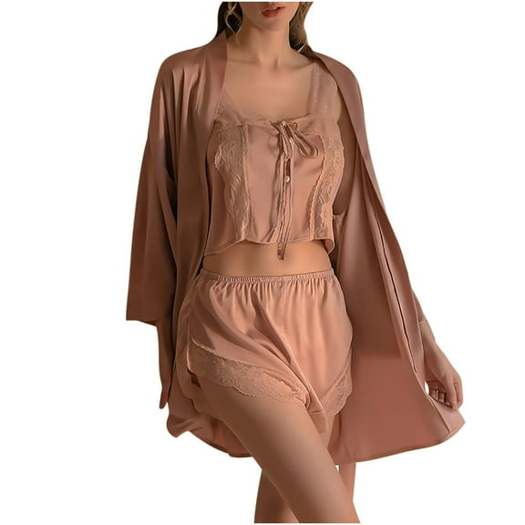 Taylonsss Womens Summer Sleepwear Set Sleeveless Shorts Robe 3-Piece Lace Detail Fiber Comfortable Home Loungewear