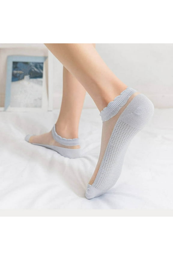 Womens Summer Socks Breathable Crystal Yarn Transparent Toe Cotton Sole Casual Low Cut Ankle Socks
