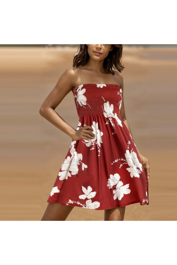 Womens Summer Strapless Floral Print Boho Beach Dress Tube Top Casual Sundress for Vacation