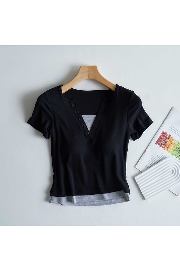 Womens Summer Top Lightweight Breathable Built-in Bra Two-Layer Layering Casual Homewear