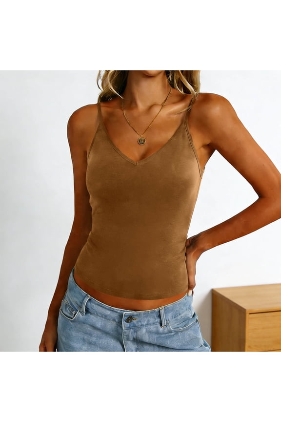 Womens Summer V Neck Tank Top with Built In Bra Comfortable Strappy Back Design Casual Yoga Exercise Wear for Outdoor Vacation and Daily Use