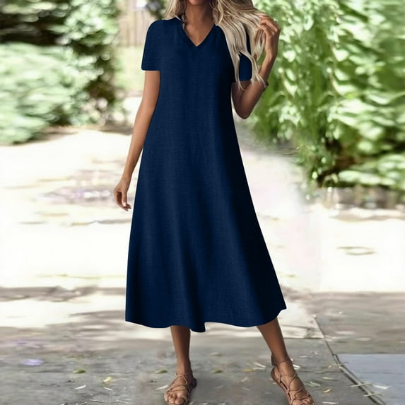 Taylonsss Womens V-Neck Casual Dress Solid Color Short Sleeve Loose Fit Midi Relaxed Everyday Outfit