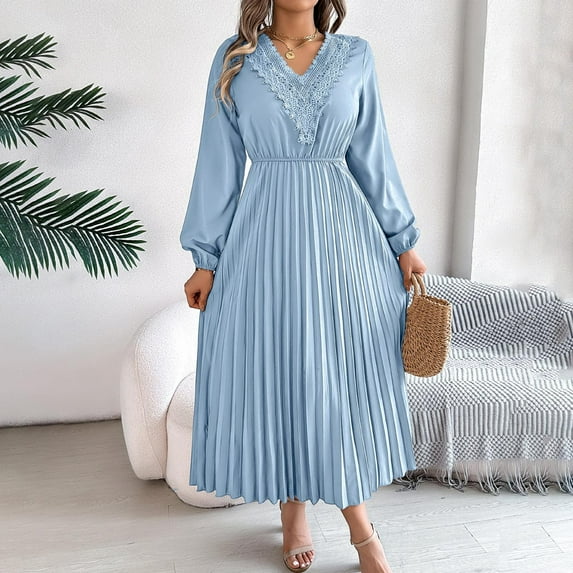Taylonsss Womens V Neck Long Sleeve Lace Dress with Waist Tie Pleated Midi Skirt Flowy Casual Outfit for Daily Wear and Special Occasions