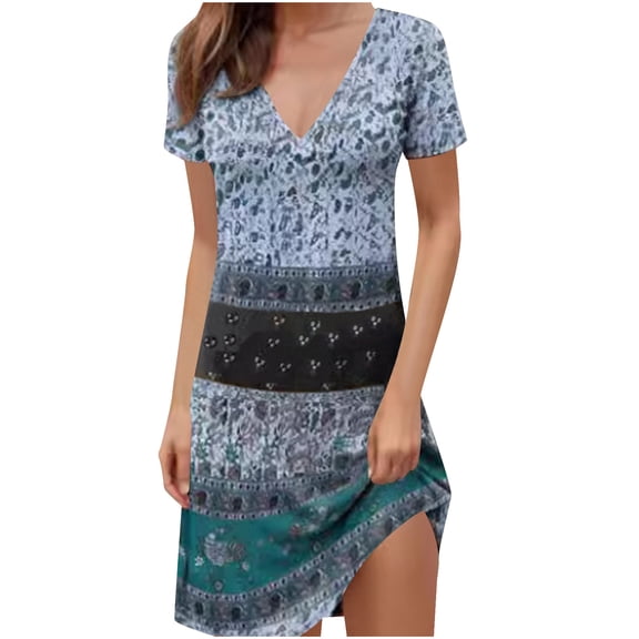 Taylonsss Womens V Neck Short Sleeve High Waist Geometric Print Summer Dress Casual Knee-Length Daily Outfit