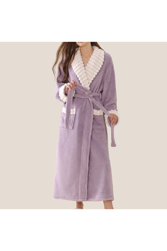 Womens Winter Robe Long Coral Fleece Plush Thickened Warm Cozy Lounge Wear
