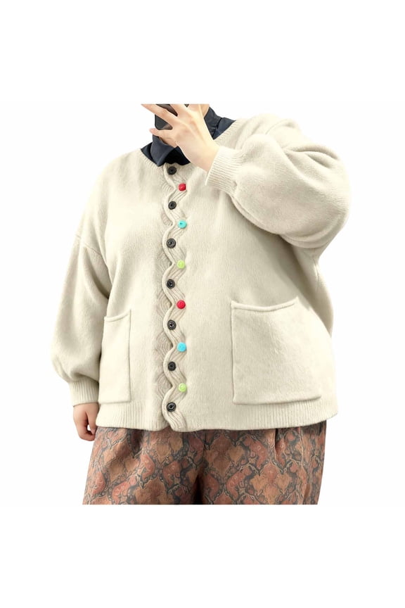 Womens Winter Solid Color Round Neck Buttoned Knit Loose Fit Oversized Cardigan Long Sleeve Sweater for Casual Daily Wear and Multiple Occasions