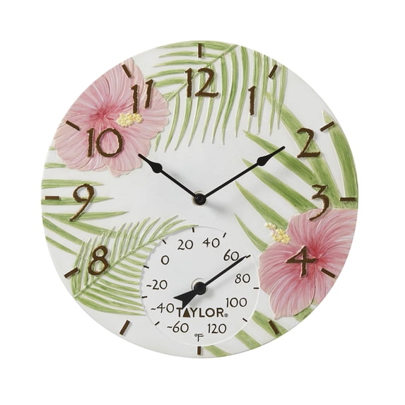 Taylor 14-inch Pink Hibiscus Clock with Thermometer