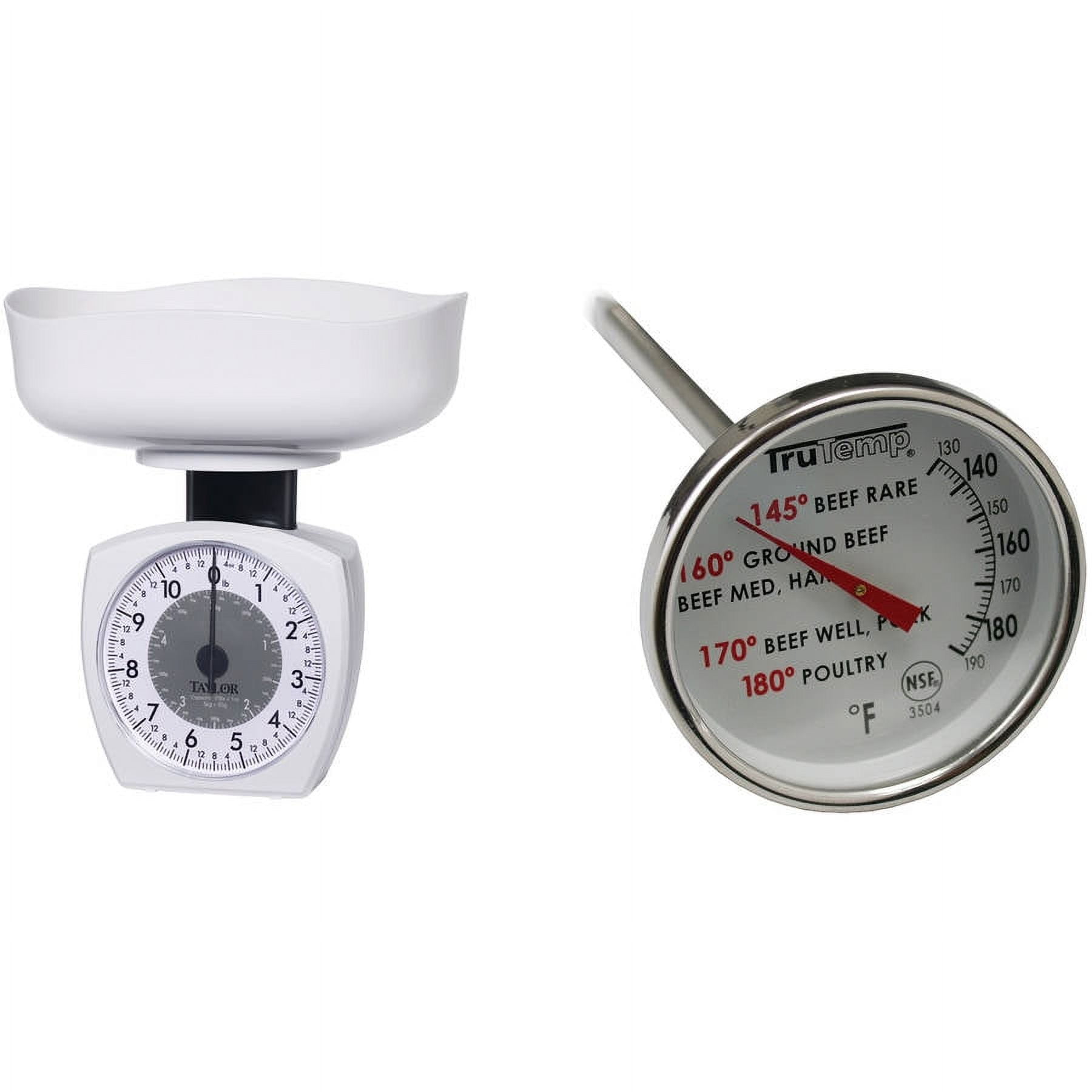 Taylor 3701KL Stainless Steel Kitchen Food Scale 11lb & 3504 Dial Meat Thermometer