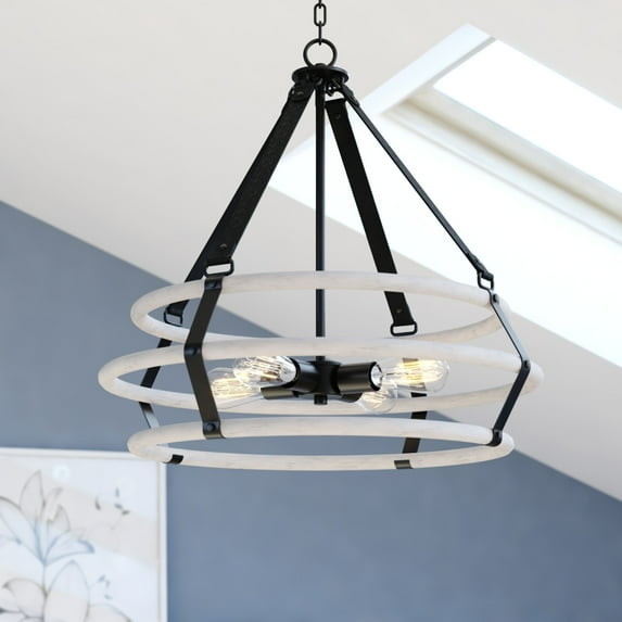 Taylor 4L Black and Ash Gray Drum Cage Industrial Pendant Light with Fabric Straps