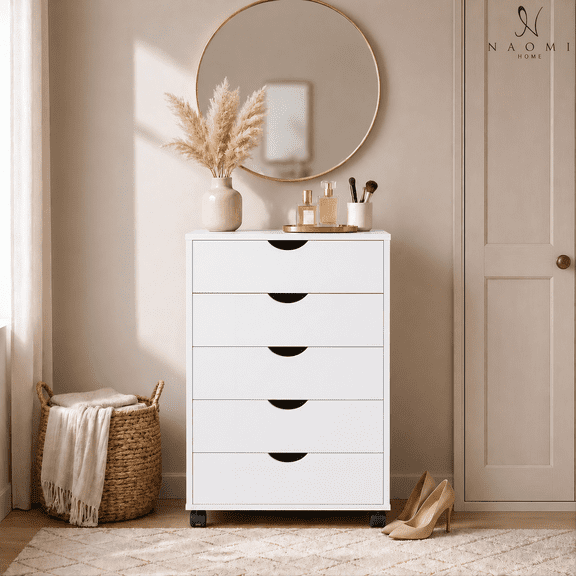 Naomi Home Taylor 5 Drawer Rolling Storage Cabinet with Lockable 360° Swivel Casters, Mobile Chest of Drawers, Engineered Wood Cabinet for Bedroom, Home Office, Living Room - White
