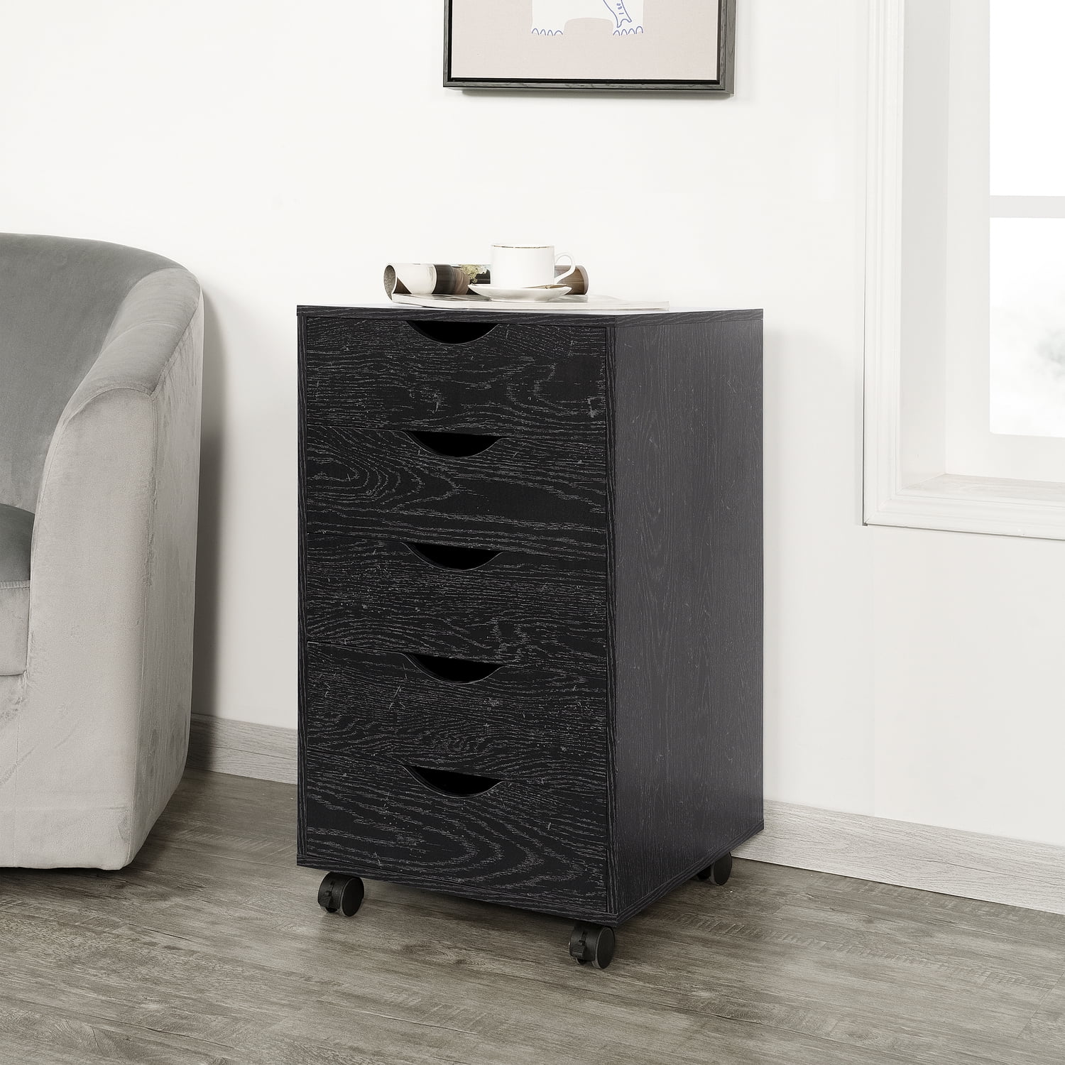 Distressed Black Mobile 5-Drawer Wood Storage Cabinet