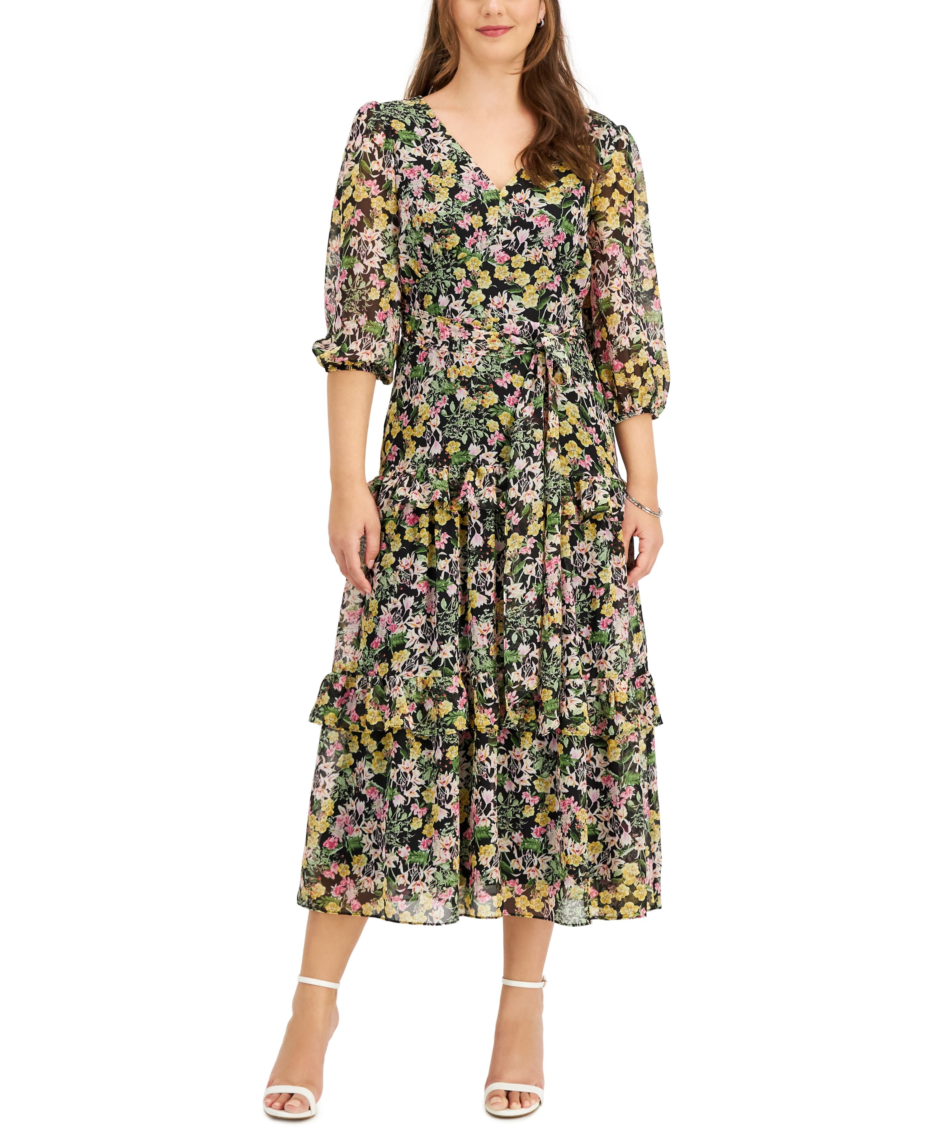 navy blue dress for baby girl Casual Summer Spring Printed Asymmetrical Shoulder Split Dress Vacation  Loose Fit Maxi A-Line Dress Plant Floral Polyester