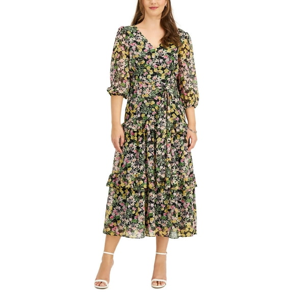 Taylor Chiffon V Neck Tiered A Line Dress Black / Blush 6