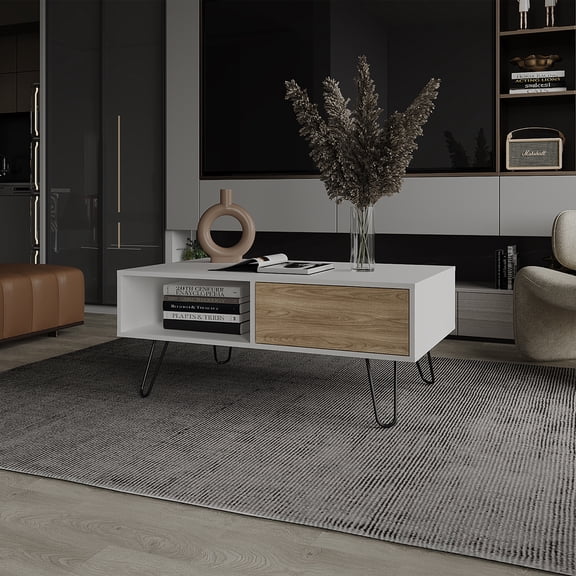 Taylor Coffee Table: Modern White & Light Oak Engineered Wood Living Room Accent Table with Storage Drawer & Open Shelf, 39.6" W x 23.6" D, Durable & Stylish Home Decor