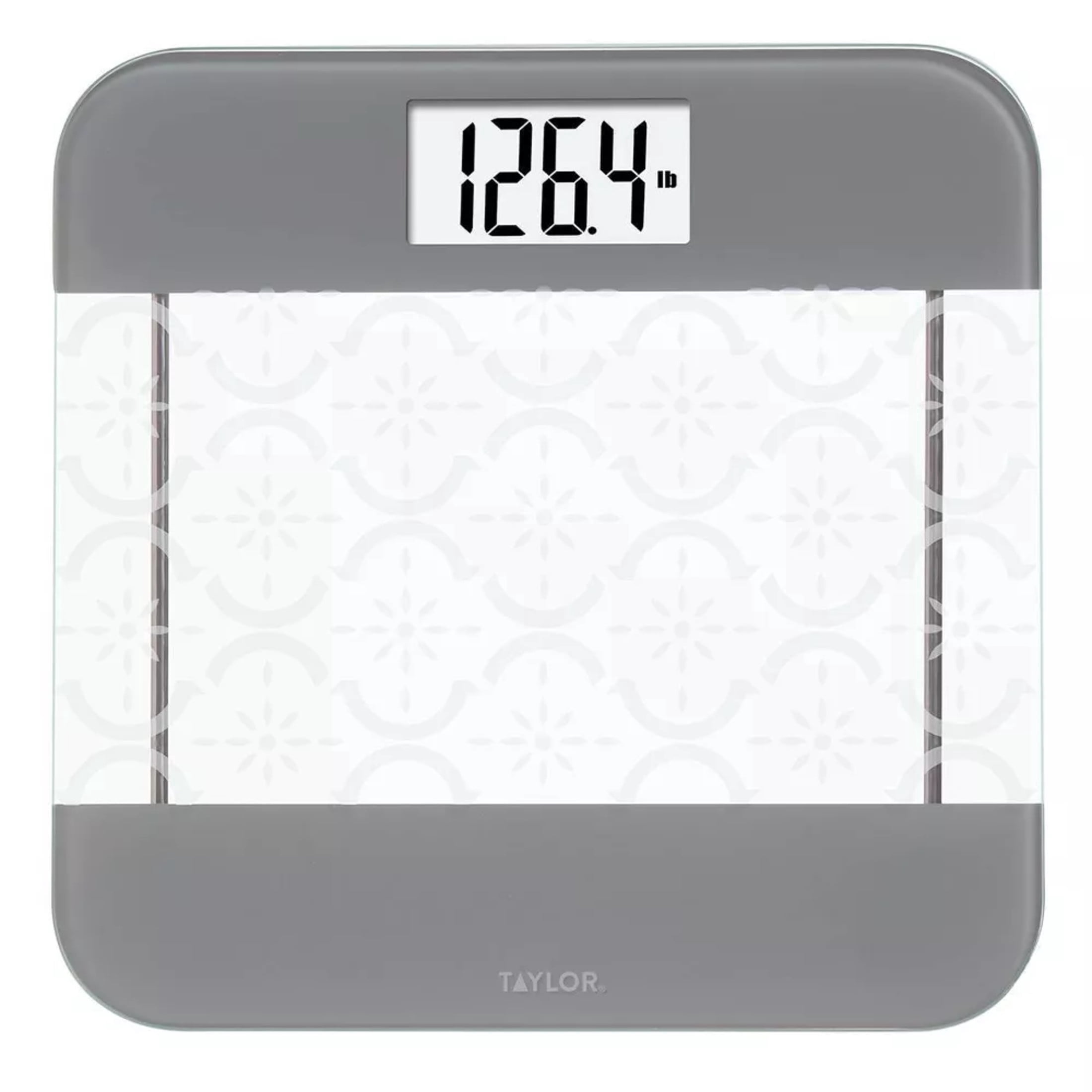 Taylor Digital Bathroom Scale – 12.2" Moroccan Frost Tempered Glass Platform with Stainless Steel Accents, 440 lb Capacity Step-On Weight Monitor & Backlit Display (Clear/Gray)