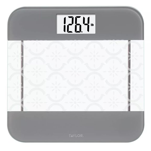 Taylor Digital Bathroom Scale  12.2" Moroccan Frost Tempered Glass Platform with Stainless Steel Accents, 440 lb Capacity Step-On Weight Monitor & Backlit Display (Clear/Gray)