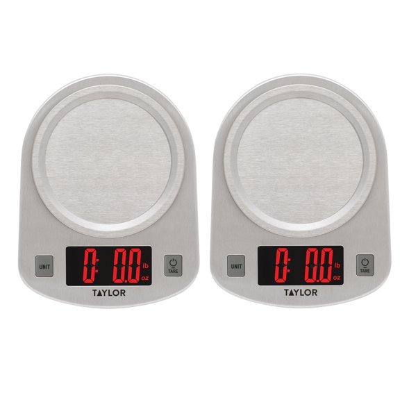 Taylor Digital Kitchen Scale 2-Pack - 11 lb/5 kg Capacity, Stainless Steel Food Scale with Tare Function - LED Display, Dry & Liquid Ingredients - Compact for Cooking, Baking & Meal Prep