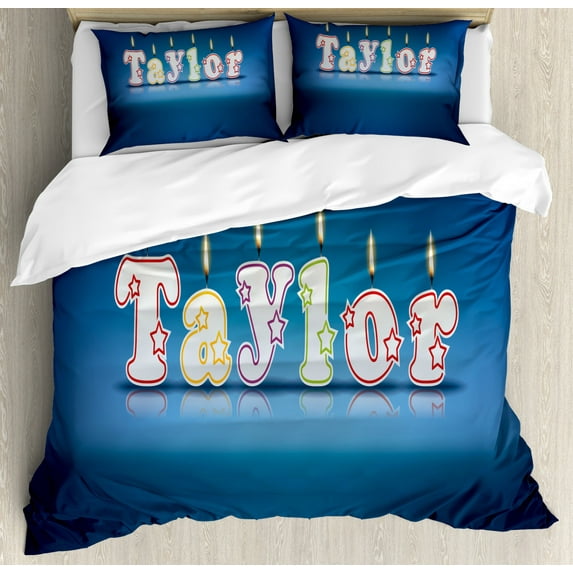 Taylor Duvet Cover Set Queen Size, Common Given Name in English Happy Occasion Candles Font Design on Blue, Decorative 3 Piece Bedding Set with 2 Pillow Shams, Blue Multicolor, by Ambesonne