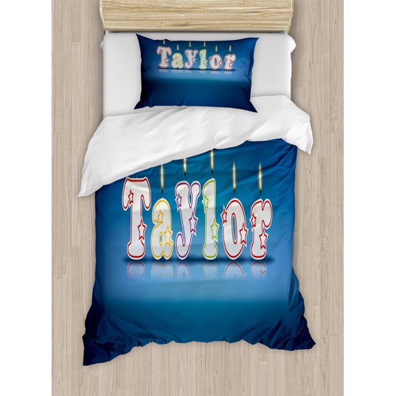 Taylor Duvet Cover Set Twin Size, Common Given Name in English Happy Occasion Candles Font Design on Blue, Decorative 2 Piece Bedding Set with 1 Pillow Sham, Blue Multicolor, by Ambesonne