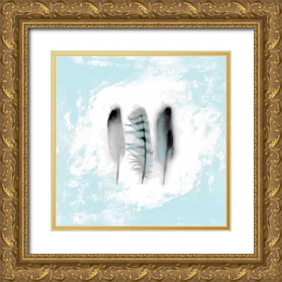 Taylor, Evangeline 15x15 Gold Ornate Wood Framed with Double Matting Museum Art Print Titled - Watercolor Feather Study 3 in Blue