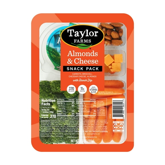Taylor Farms Almonds & Cheese Refrigerated Snack Pack with Carrots & Broccoli, 6.5 oz Tray