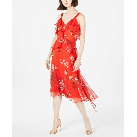 Taylor Floral Print Ruffled Midi Dress Cherry 12