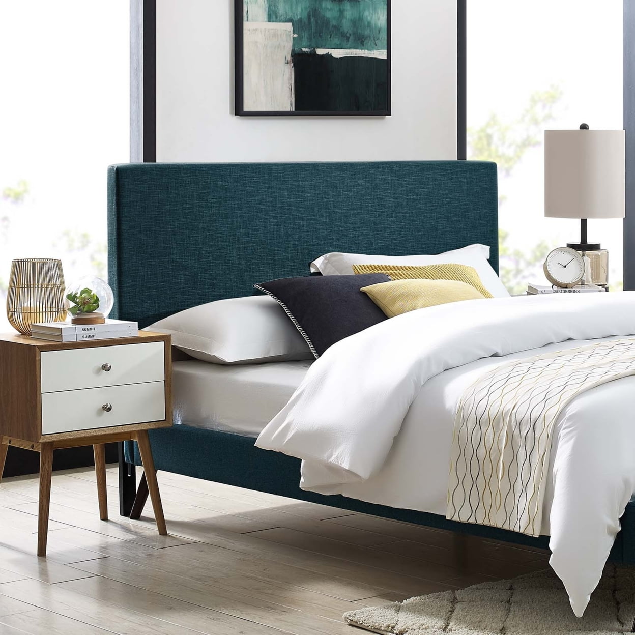 Azure Full Upholstered Linen Fabric Headboard with Wood Legs