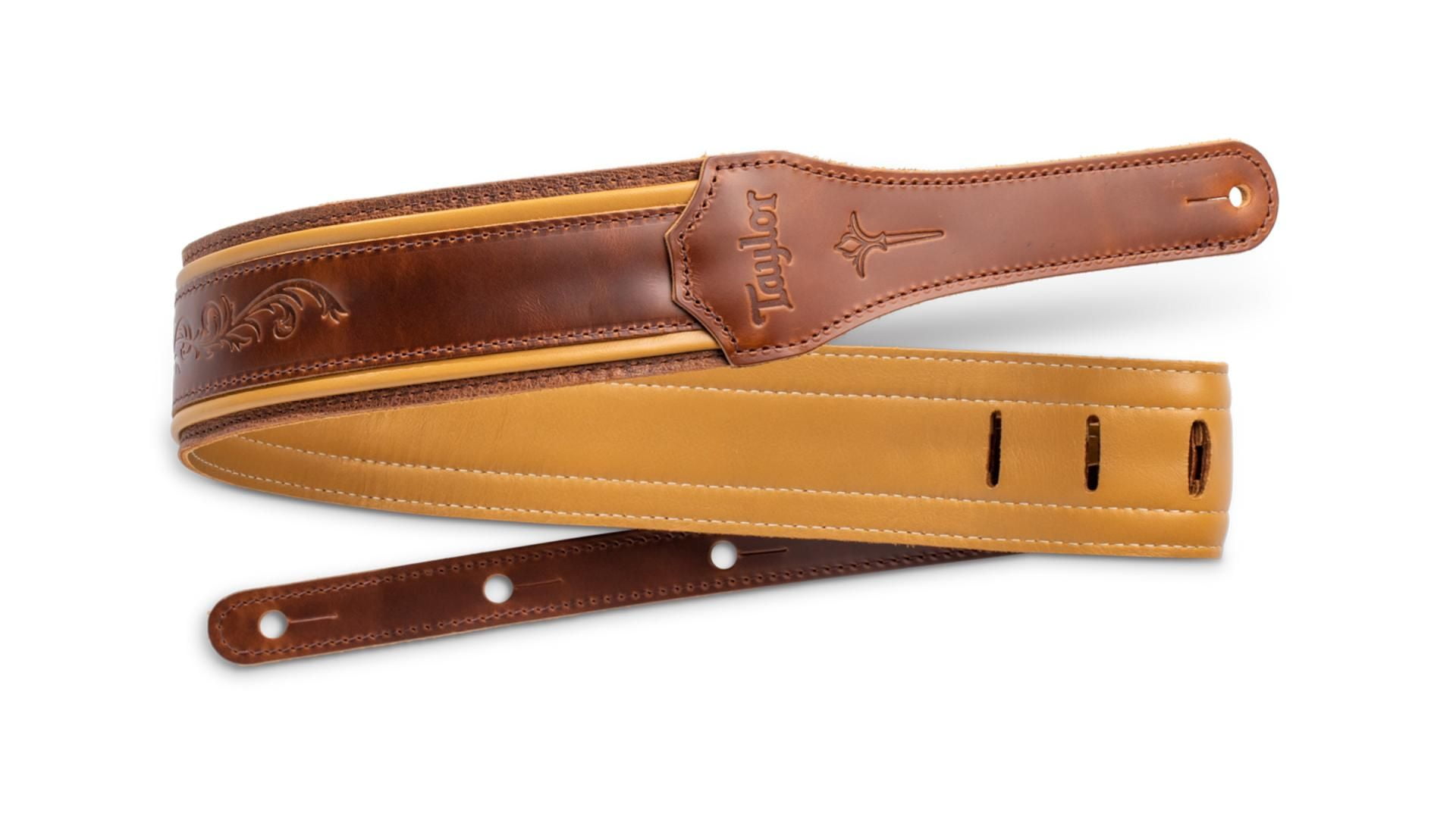 Taylor Guitars Nouveau Embroidered 2.5" Leather Guitar Strap in Brown and Butterscotch
