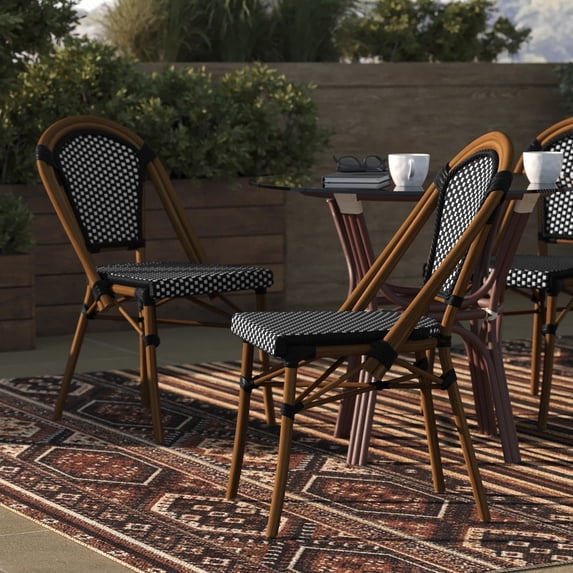 Taylor & Logan 2 Pack All-Weather Commercial Paris Chairs with Bamboo Print Frame Black & White/Natural Frame